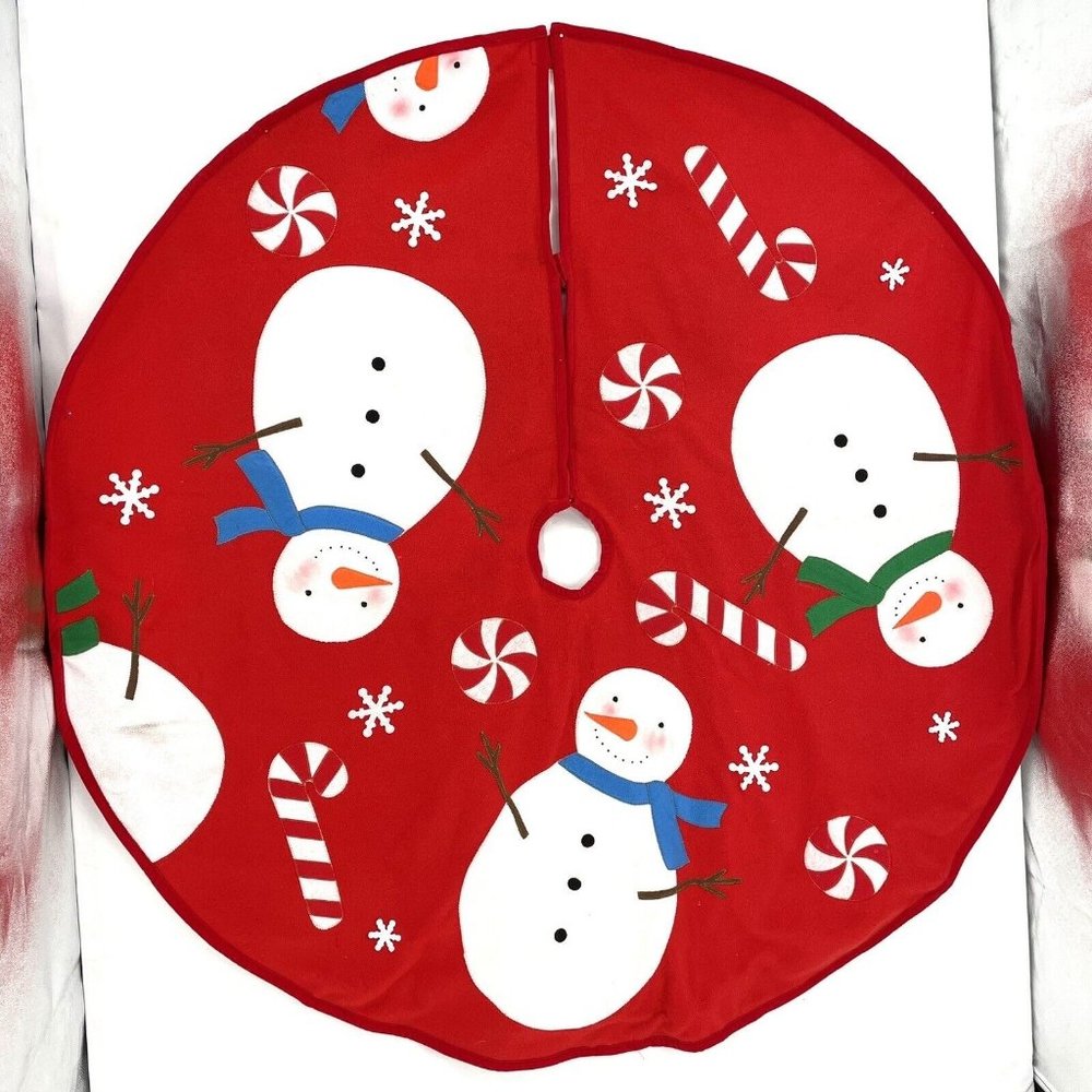 Vintage Snowman Christmas Tree Skirt Red Felt Snowmen 24"